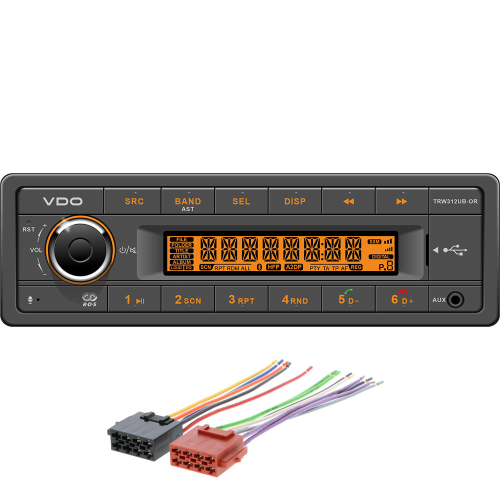 VDO 12V Radio wFM RDS Tuner MP3WMAUSBBluetooth Orange Illumination Includes Power Speaker Wire Harness TRW312UBORK