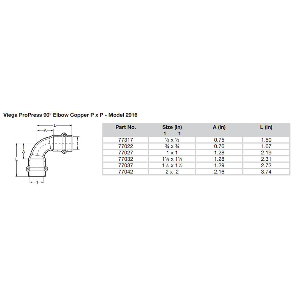 Viega ProPress 112 90 Copper Elbow Double Press Connection Smart Connect Technology 77037