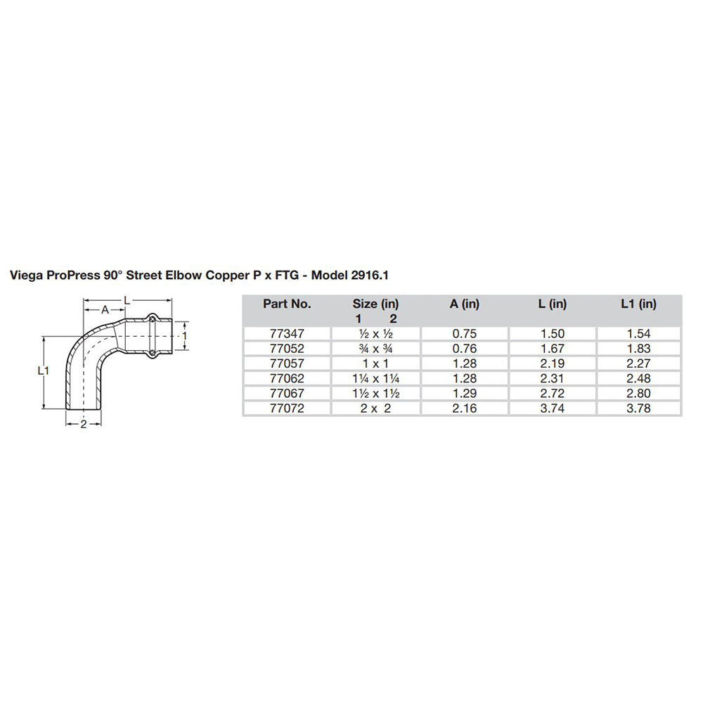 Viega ProPress 1 90 Copper Elbow StreetPress Connection Smart Connect Technology 77057