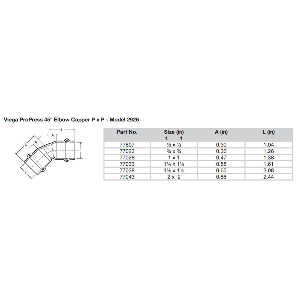 Viega ProPress 112 45 Copper Elbow Double Press Connection Smart Connect Technology 77038
