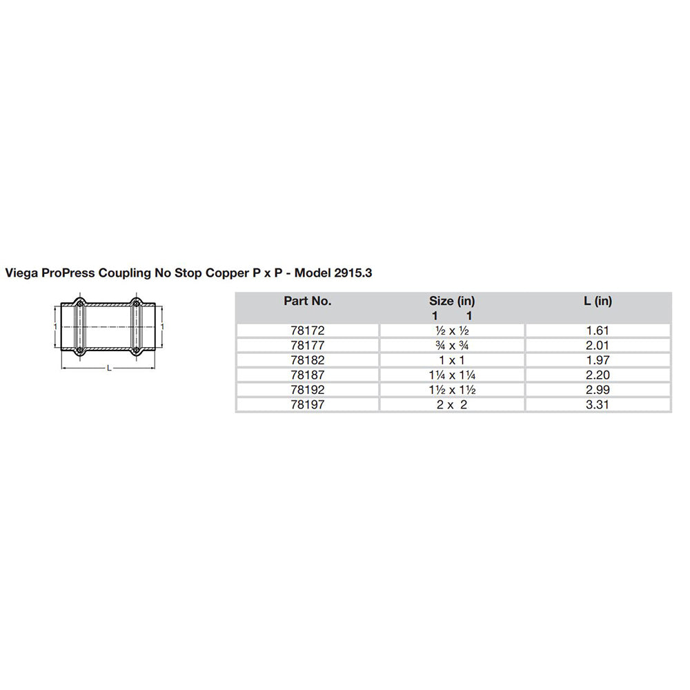 Viega ProPress 114 Copper Coupling wo Stop Double Press Connection Smart Connect Technology 78187