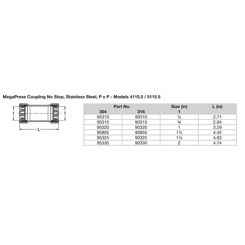 Viega MegaPress 2 Stainless Steel 304 Coupling wo Stop Double Press Connection Smart Connect Technology 95330